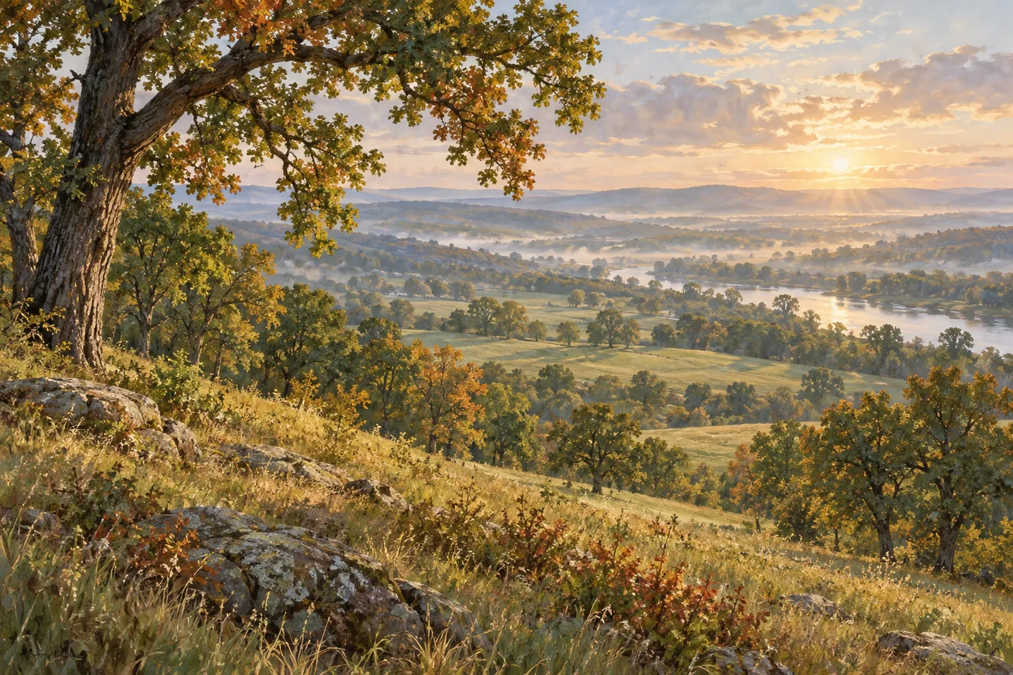 Illustration inspired by the rolling valley and oak trees of Adam-ondi-Ahman