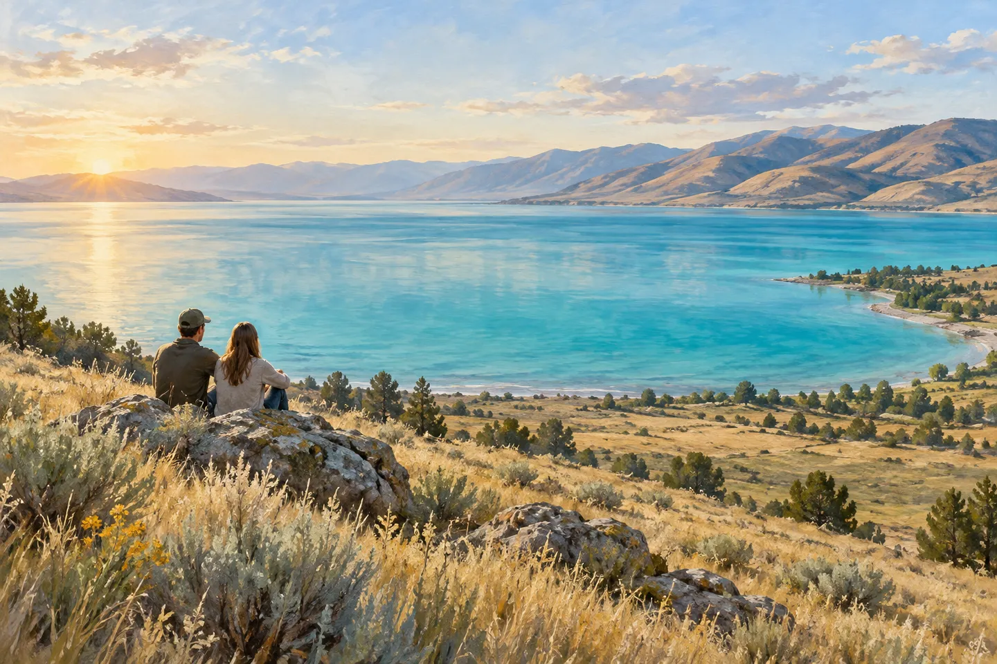 Illustration of two visitors overlooking turquoise Bear Lake and its mountain shore