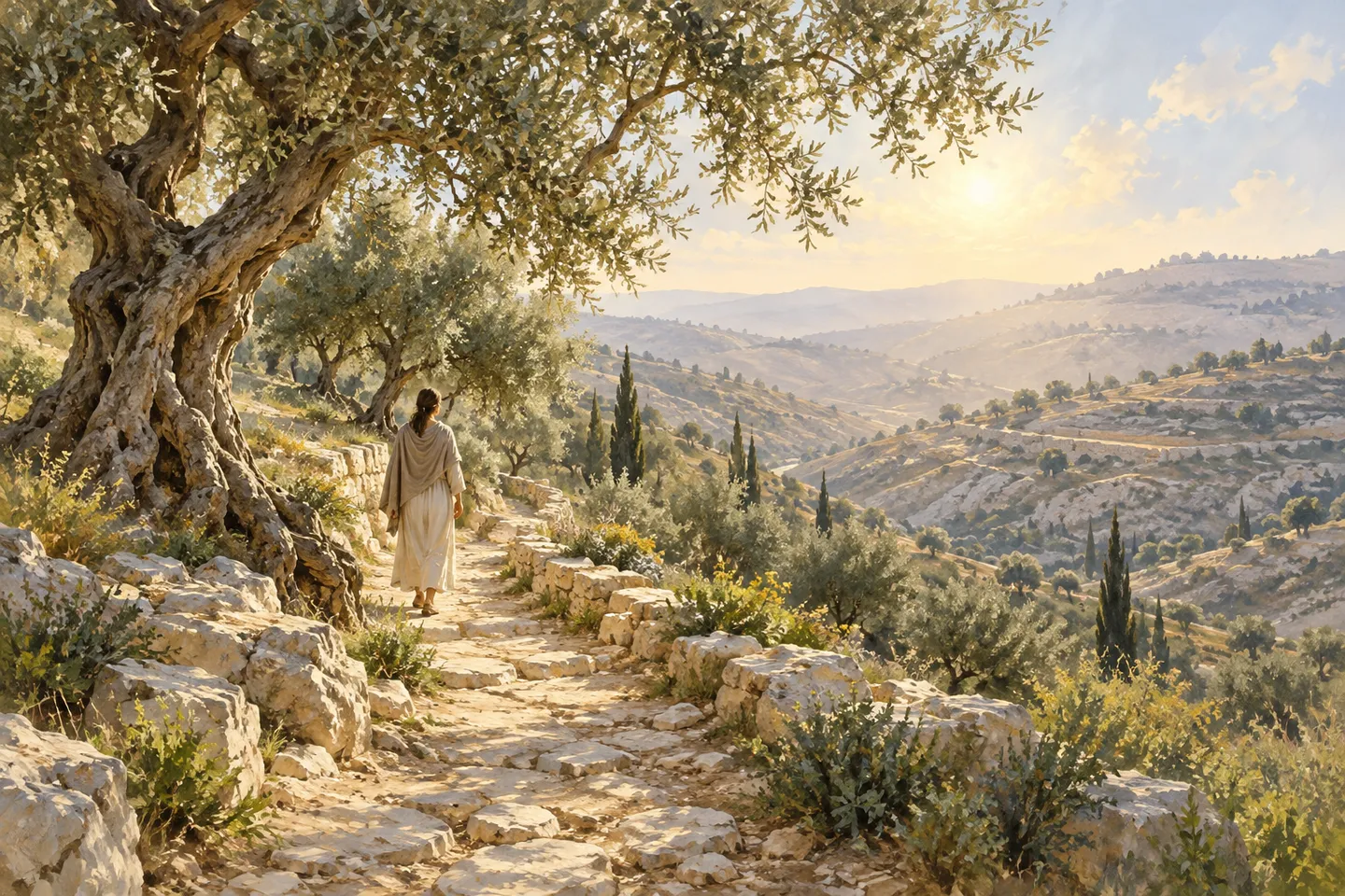 Illustration of a robed traveler walking among olive trees above the hills of the Holy Land