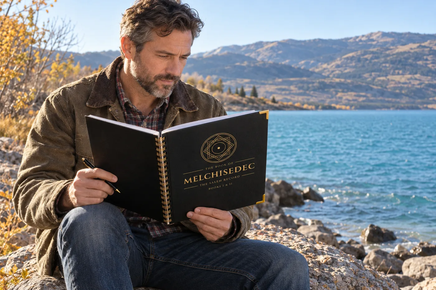 A man reading The Book of Melchisedec on the shore of Bear Lake