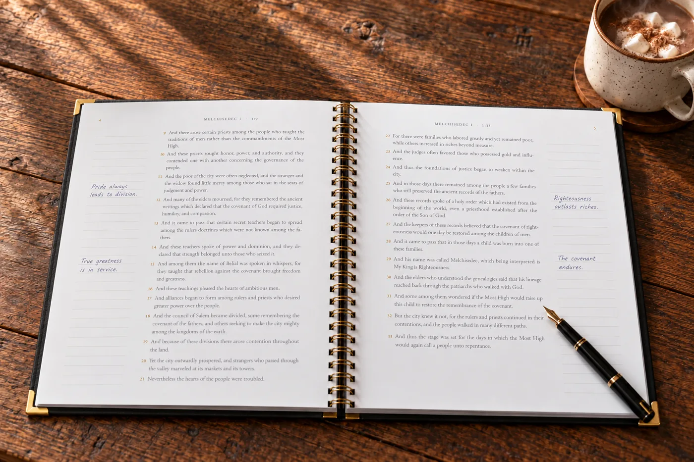 The book open on a table, with notes written in the ruled margin