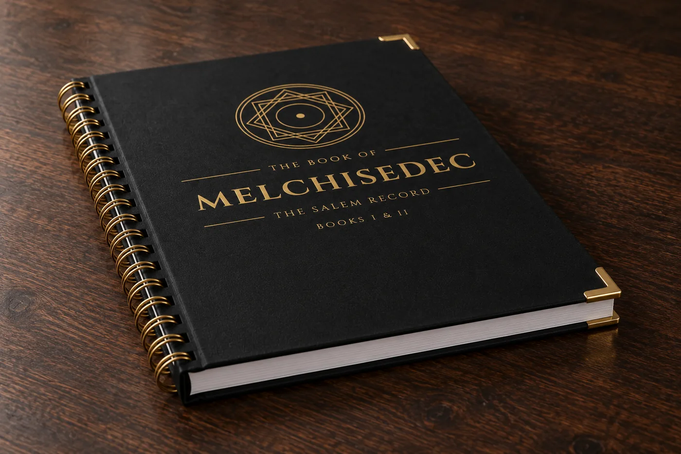The Book of Melchisedec: black hard cover with the gold Seal of Melchizedek and gold wire binding