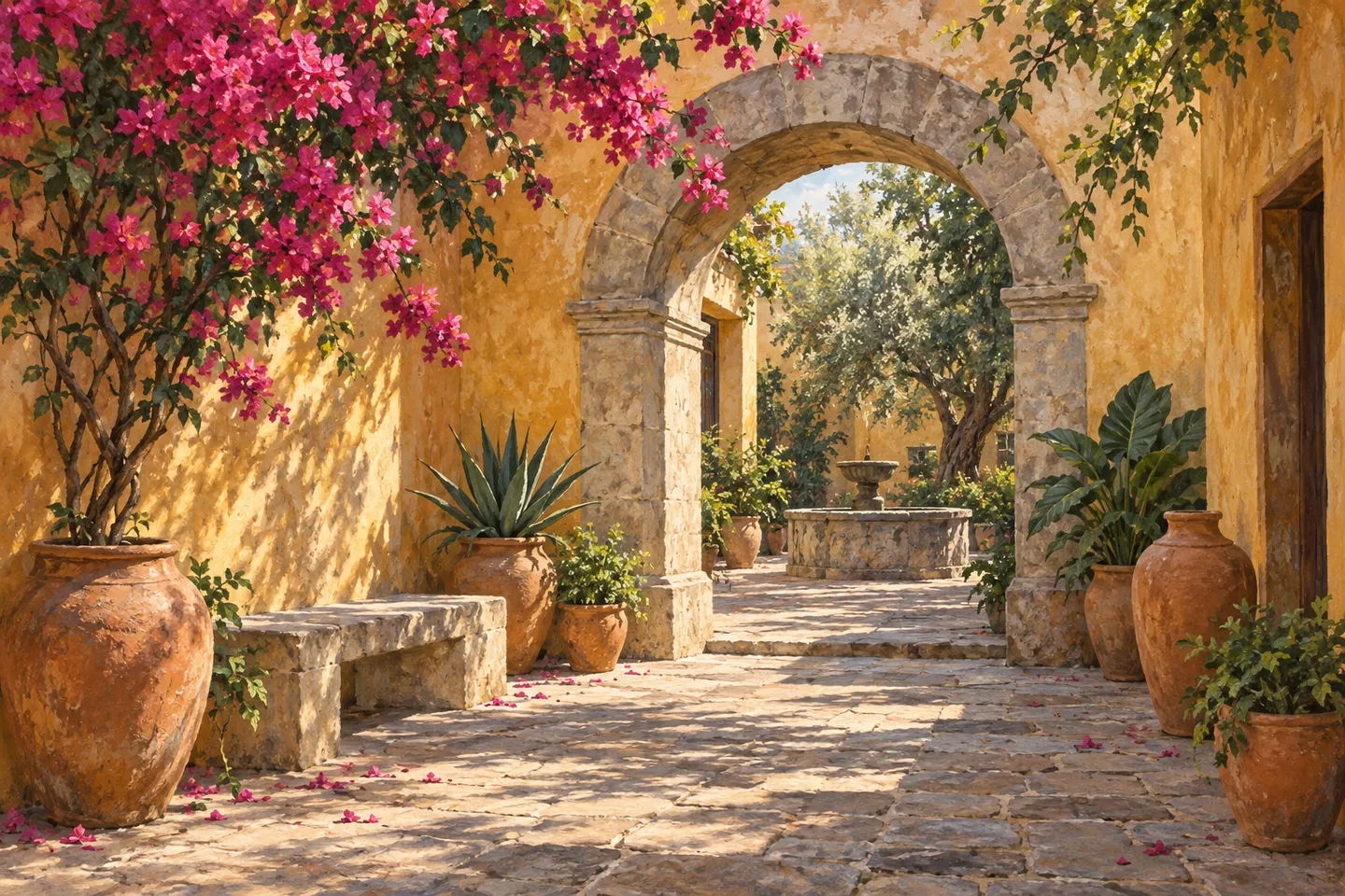 Illustration of an ochre courtyard, stone arches and bougainvillea in Oaxaca