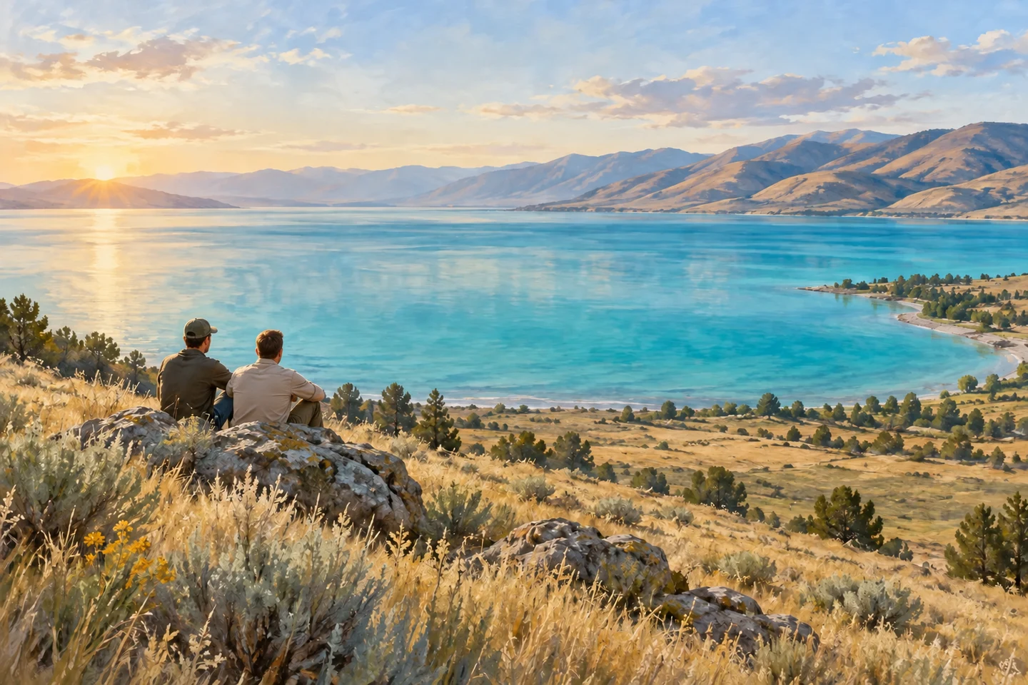 Illustration of two men overlooking turquoise Bear Lake and its mountain shore