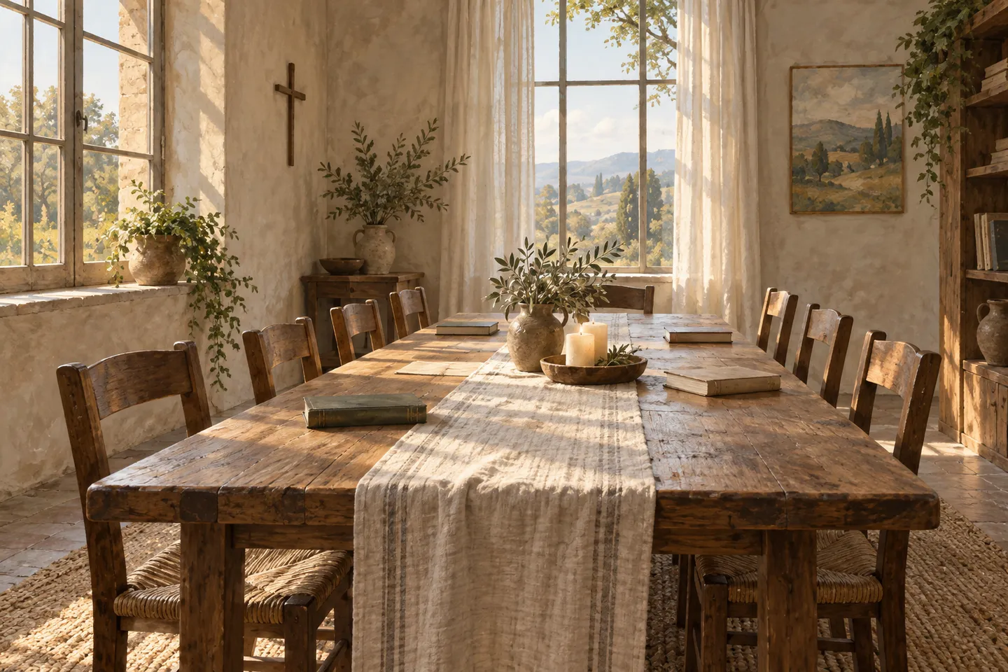 Illustration of a sunlit room with books and chairs around a shared wooden table